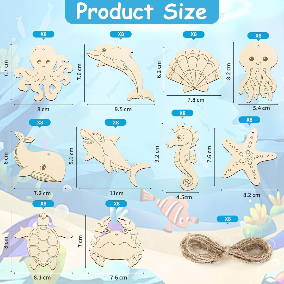 80PCS Wooden Sea Ornaments to Paint, 10 Styles DIY Blank Unfinished Wood Ocean Whale Seahorse Octopus Starfish Dolphin Turtle Shark Crab Cutouts Ornament for Crafts Hanging Decorations Summer