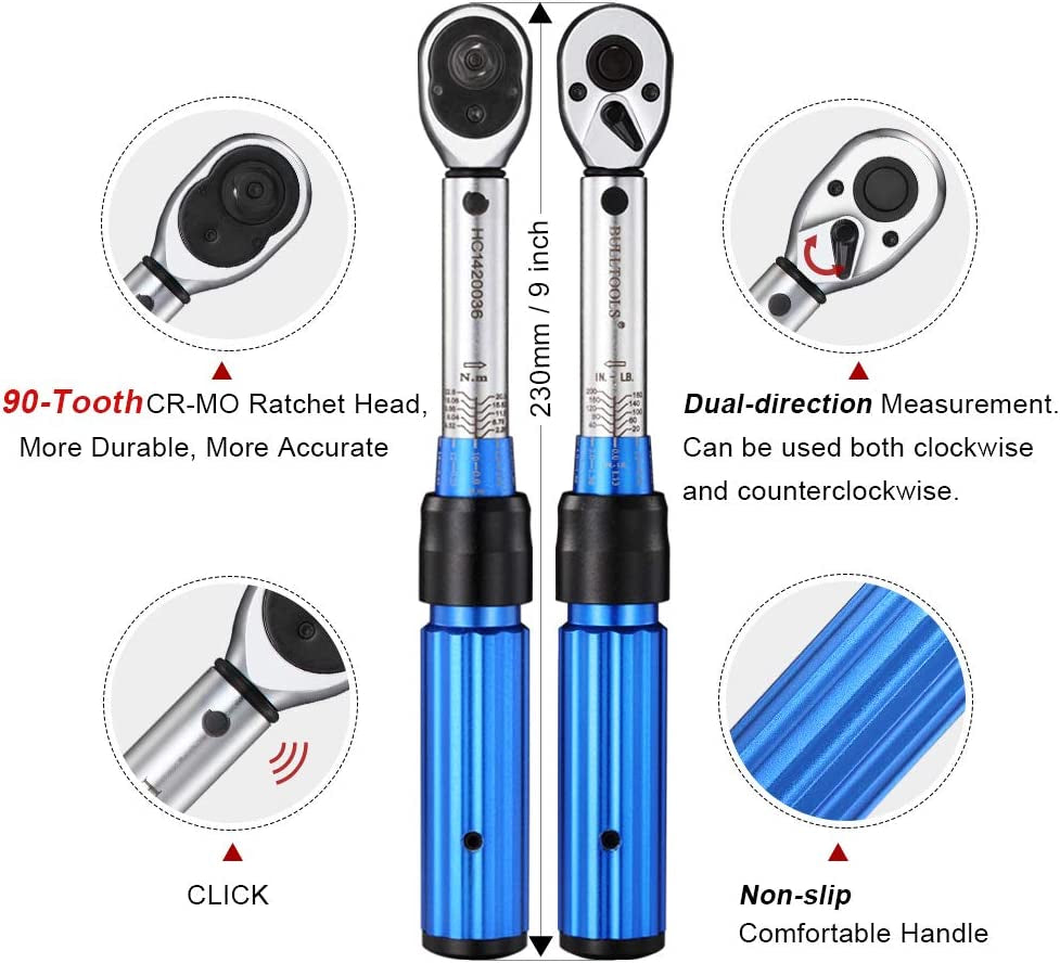 1/4-Inch Drive Click Torque Wrench Set Dual-Direction Adjustable 90-Tooth Torque Wrench with Buckle (20-200In.Lb / 2.26-22.6Nm)