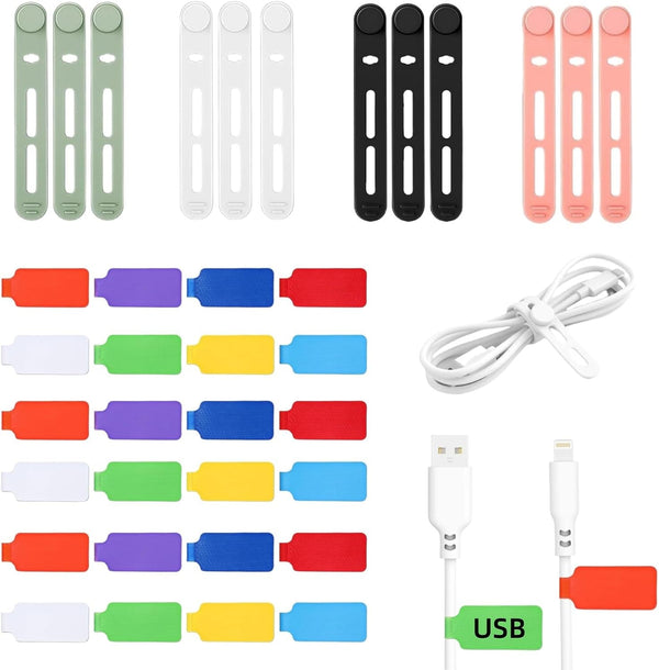 36PCS Cable Labels and Silicone Cable Ties Set, 24PCS Cable Labels +12PCS Reusable Cable Ties, Cable Tags and Wire Tags for Cable Management, Electronics Cord Organizer and More