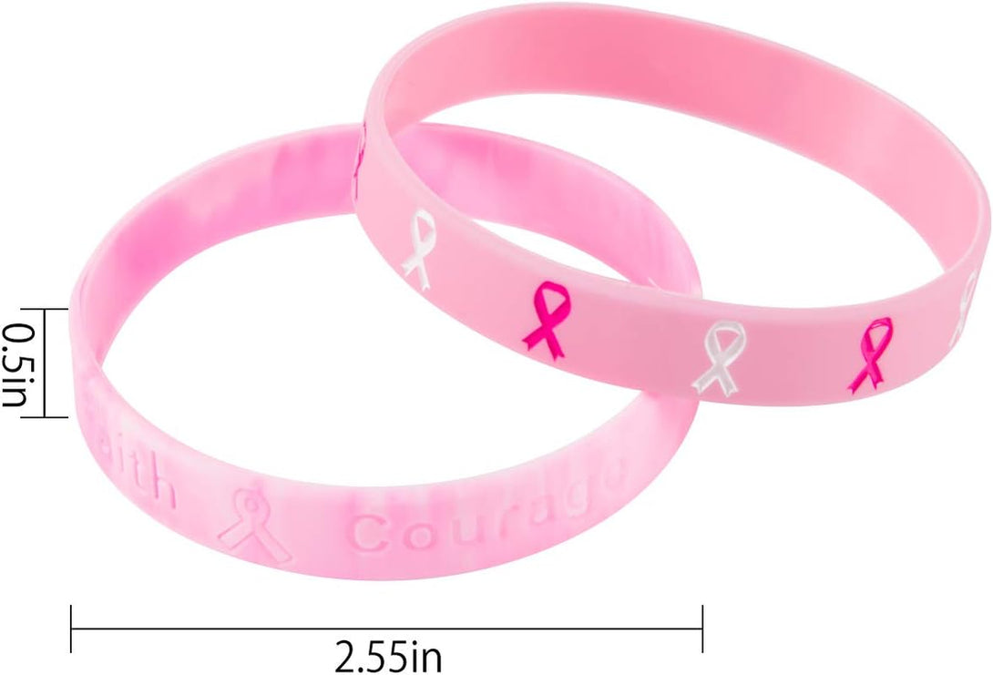 48 Pcs Breast Cancer Bracelets- Pink Ribbon Breast Cancer Awareness Silicone Wristbands Hope Faith Strength Courage Wristbands for Party Supplies Favors