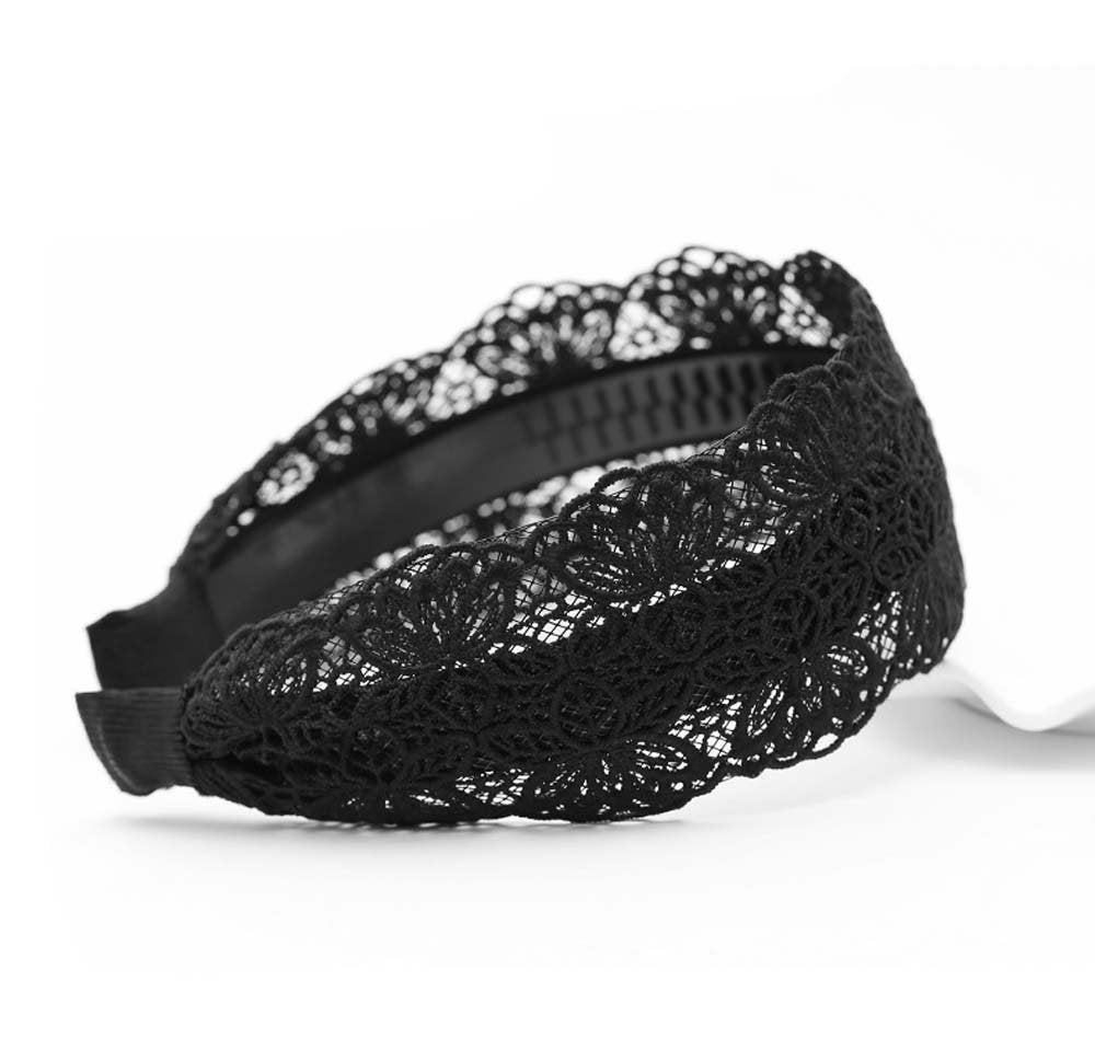 Mollensiuer Fashion 2 Inch Wide Lace Headband Hair Band with Teeth for Women and Girls (Black)