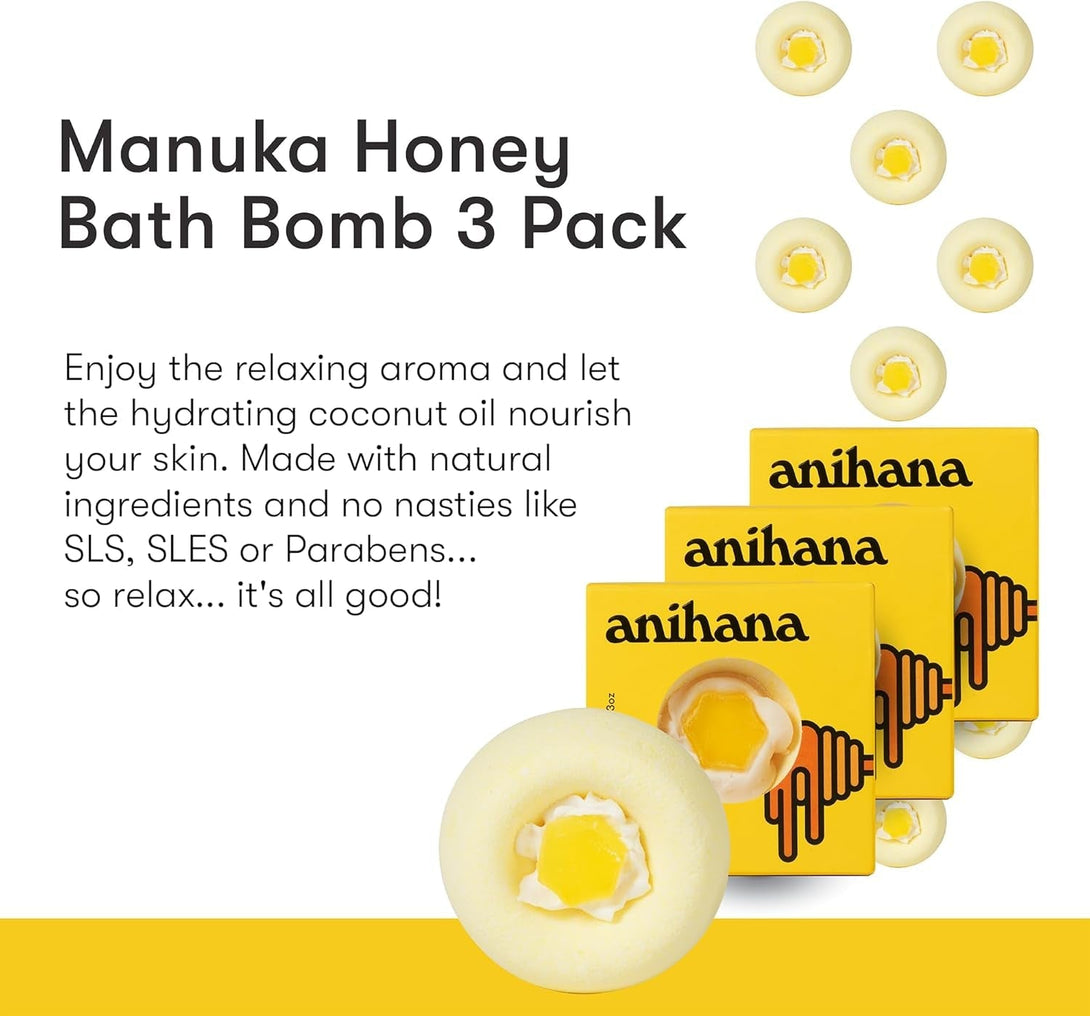 ANIHANA Bath Bombs with Coconut Oil, Paraben Free, Hand-Crafted Luxury Fizzers, Refreshing Manuka Honey Scent, 6.3 Oz Each, 3 Pack