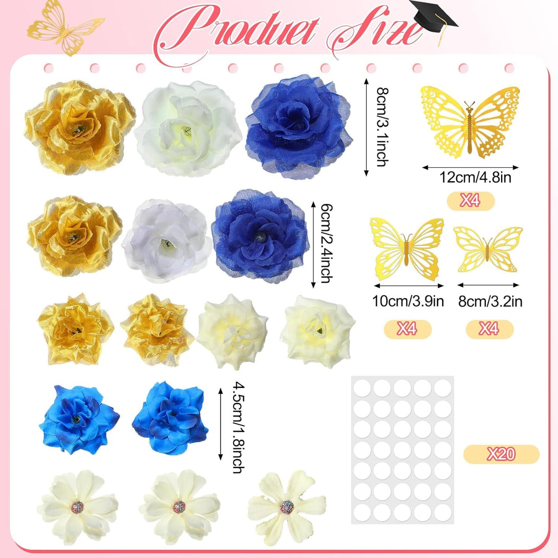 Knitgrip 27 Pcs DIY Graduation Cap Decorations Accessory Kit Include Faux Flower Heads and 3D Butterfly for Graduation Cap Decoration Home Decoration Craft Supplies(Blue Gold)