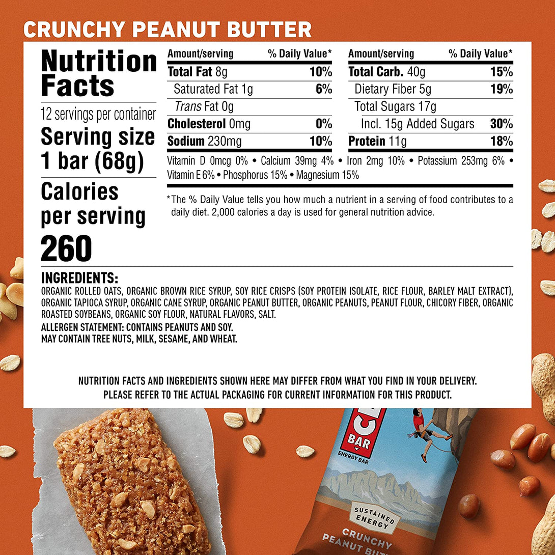 CLIF BARS - Energy Bars - Crunchy Peanut Butter - Made with Organic Oats - Plant Based Food - Vegetarian - Kosher (2.4 Ounce Protein Bars, 12 Count) Packaging May Vary