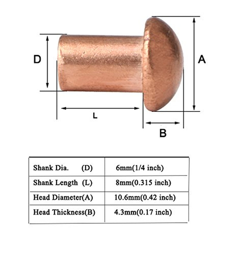 YXQ 50 Pcs Copper Solid Rivets 1/4 Diameter 5/16 L Shank Copper round Head Fasteners,M6X8