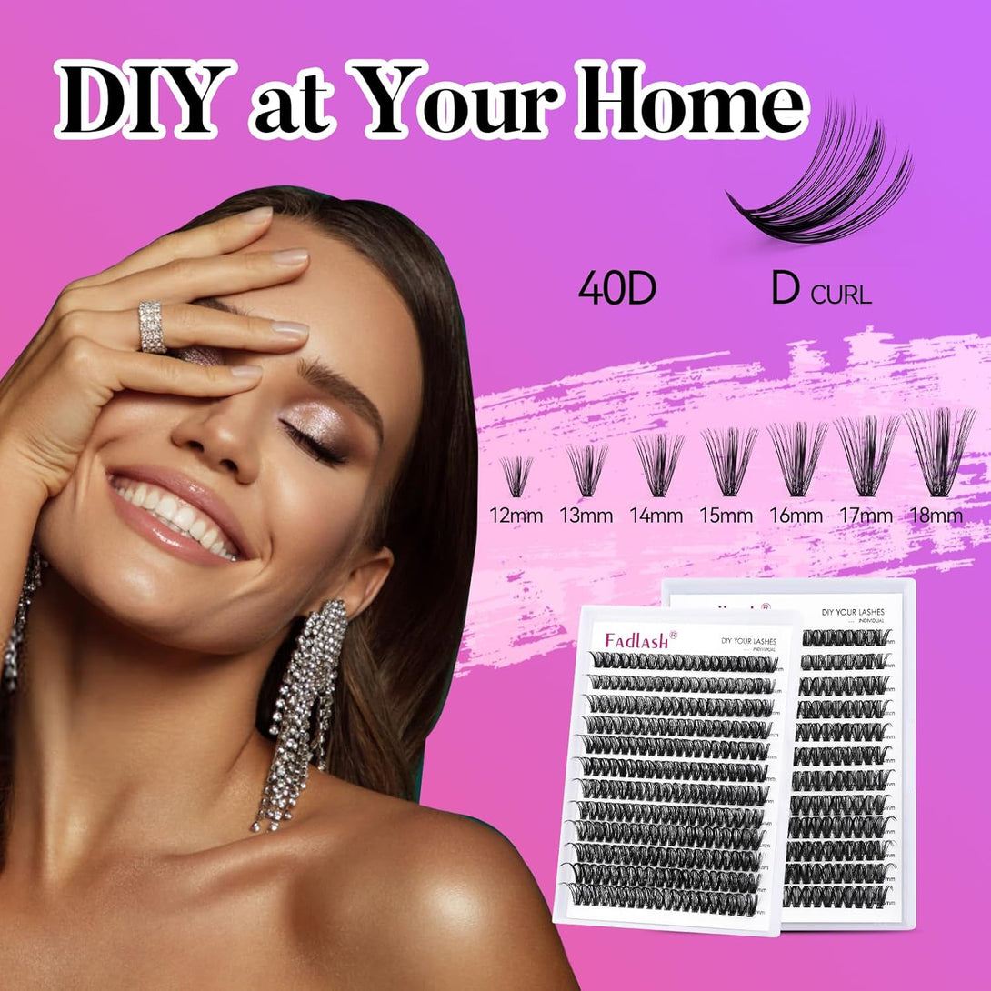 FADLASH DIY Lash Extension Kit Individual Lashes Cluster D Curl Eyelash Extension Kit with Lash Bond and Seal and Lash Applicator Tool for Self Application at Home (40D-0.07D-12-18MIX KIT)