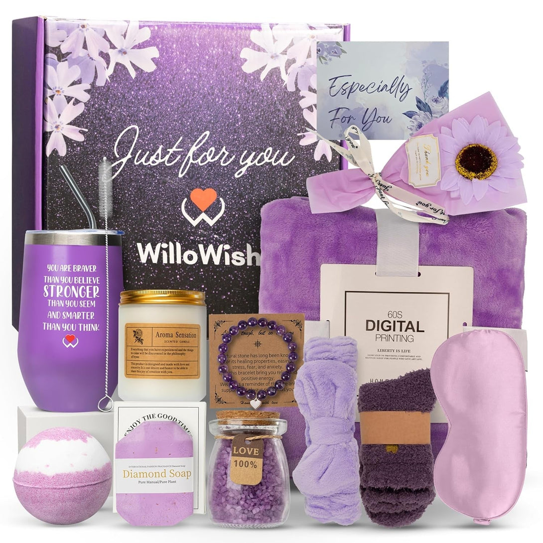 Willowish Purple Birthday Gifts for Women - 15 Pcs Get Well Gifts for Women after Surgery - Thinking of You Gifts for Women - Relaxing Spa Gifts for Women - Get Well Soon Gift Baskets for Women