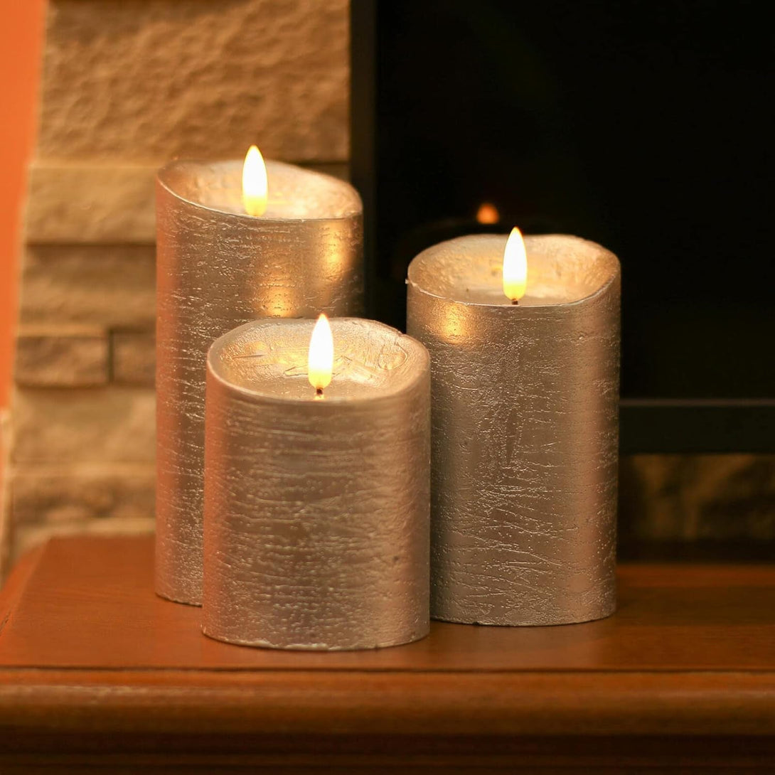 ANGELLOONG Battery Operated Candles with Remote, Real Wax Flickering Flameless Candles with Timer, Set of 3 Electric LED Candles for Valentines Wedding Holiday Party Home Decor, Silver