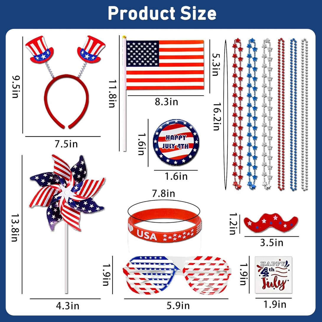 136PCS 4Th of July Accessories - Patriotic Party Favors Fourth of July Decoration Supplies Headband Shutter Glasses Tattoo Sticker Necklace Flag American Memorial Independence Day USA Themed
