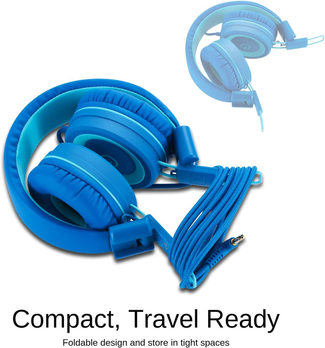 Noot Products Kids Headphones K11 Foldable Stereo Tangle-Free 5Ft Long Cord 3.5Mm Jack Plug in Wired On-Ear Headset for Ipad/Amazon Kindle,Fire/Boy/Girl/School/Laptop/Tablet(Skyline Blue)