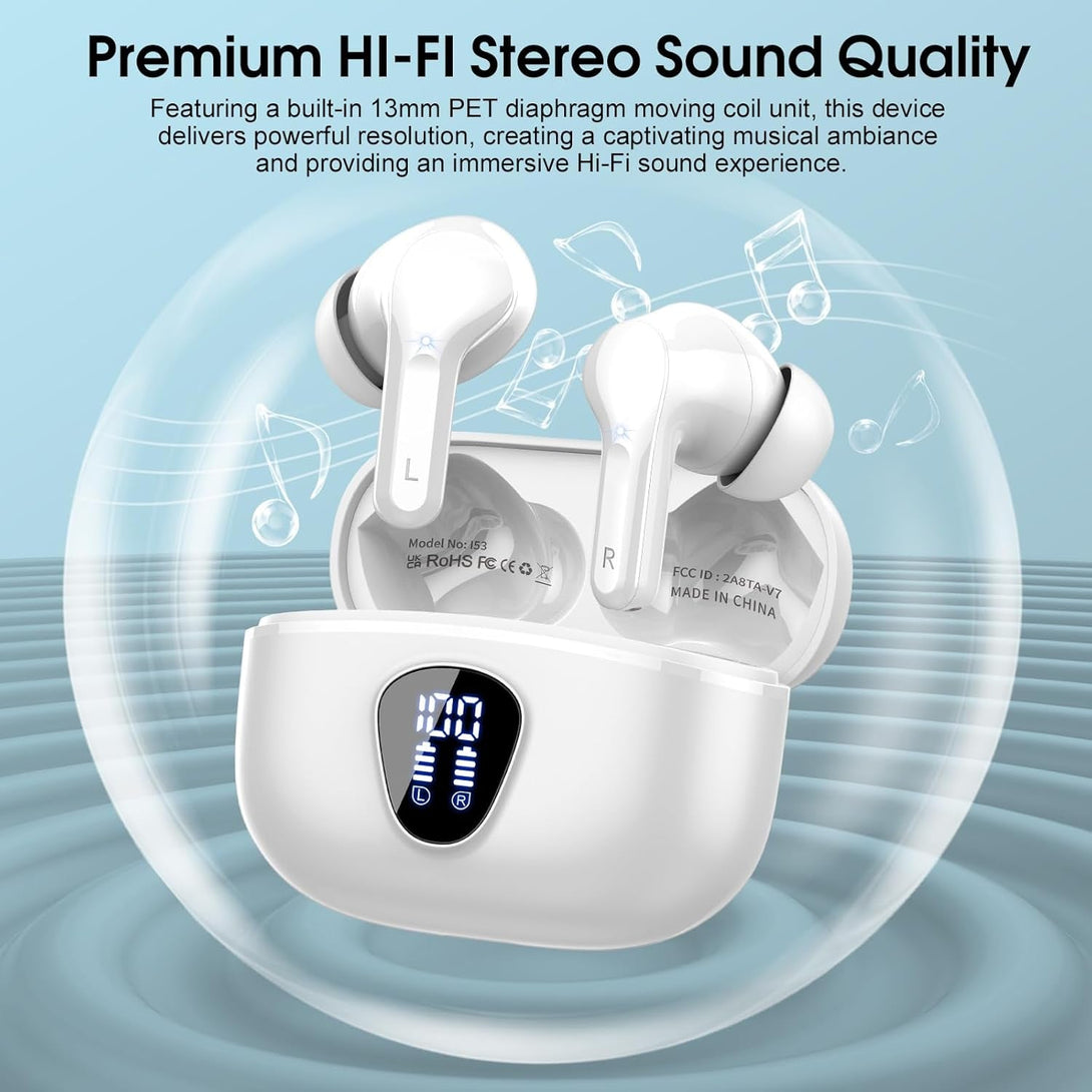 Wireless Earbuds, Bluetooth 5.4 Headphones Hifi Stereo, Bluetooth Earbuds with ENC Noise Cancelling Mic, IP7 Waterproof in Ear Earphones, 48H, LED Display Ear Buds for Pad Phone Workout Sports, White