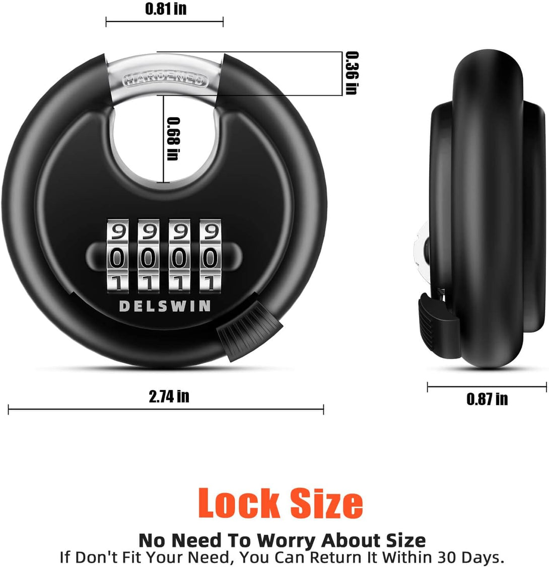 DELSWIN 4-Digit Disc Combination Lock Outdoor - Heavy Duty Combination Padlocks with Hardened Steel Shackle Weatherproof Combo Locks for Gates,Sheds,Fence,Storage Unit (3/8" Shackle, Black,2 Pcs)