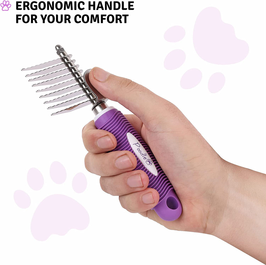 Poodle Dematting Fur Rake Comb Brush for Dogs and Cats - Long 2.5" Steel Safety Blades Metal Comb for Detangling Matted or Knotted Undercoat Hair