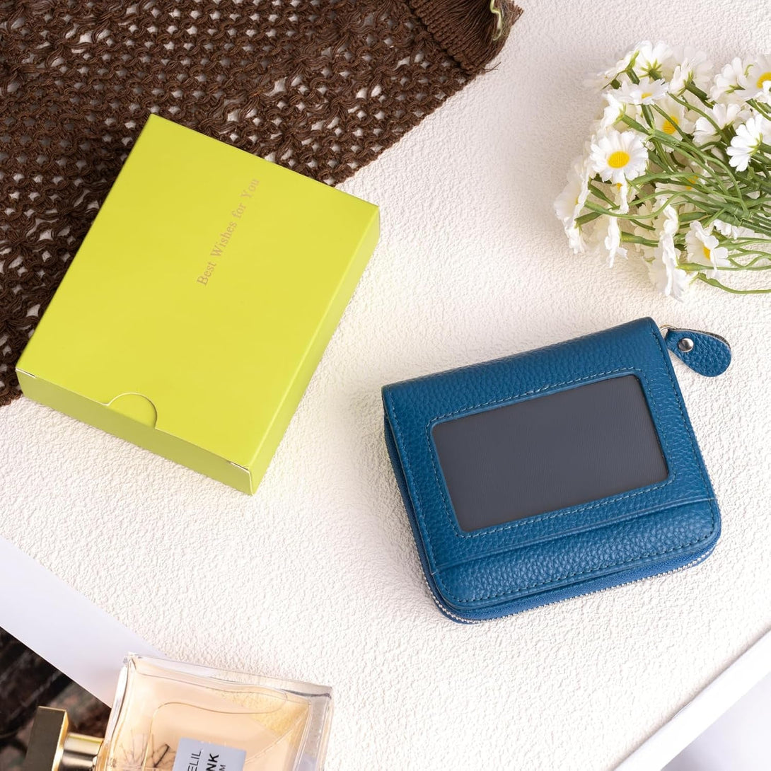 Small Wallet for Women, Genuine Leather RFID Blocking Credit Card Holder Slim Compact Coin Purse Women'S Wallets with ID Window 8 Card Slots