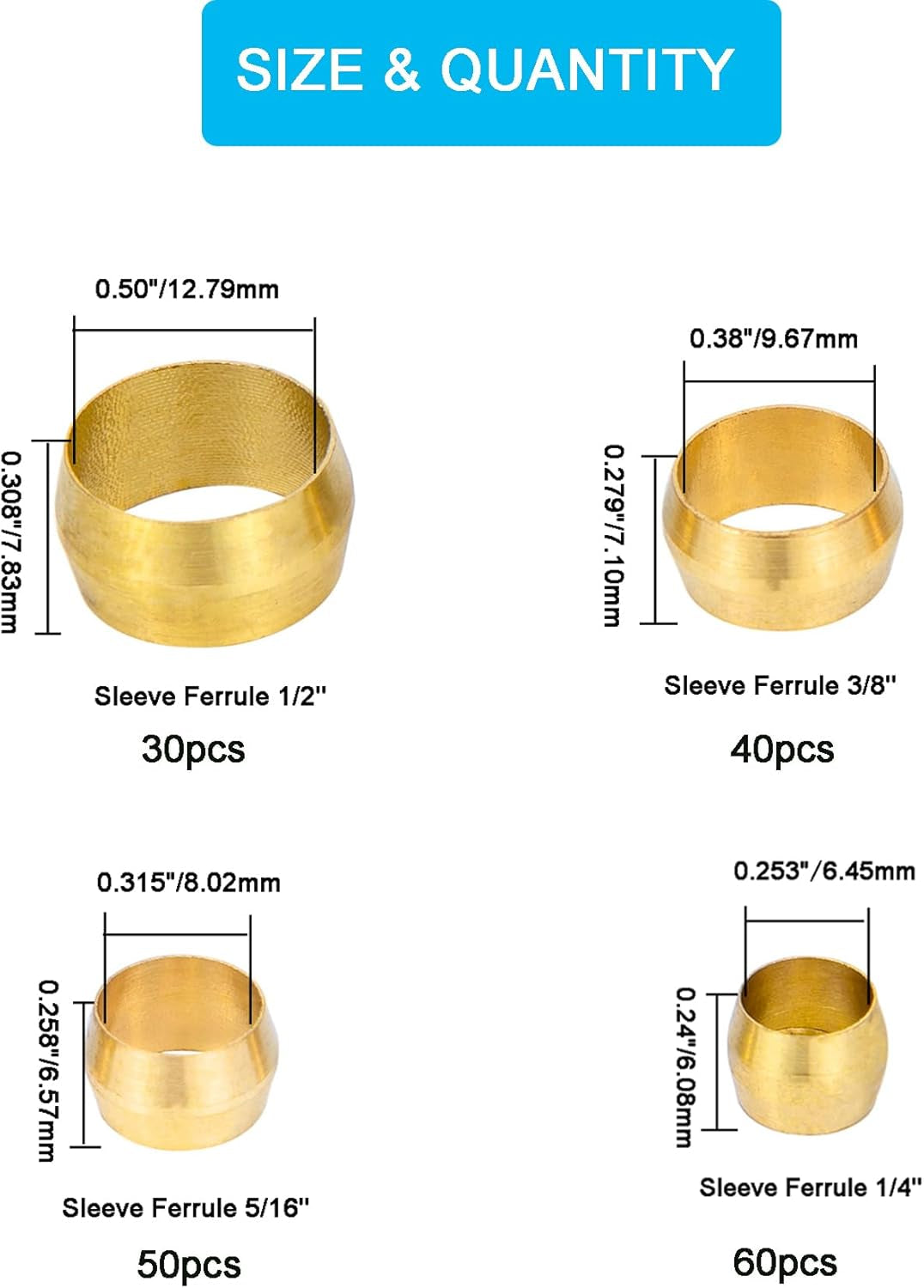 180PCS Tube OD（1/4" 5/16" 3/8" 1/2") Brass Compression Sleeves Ferrules,4 Sizes Brass Compression Fitting Assortment Kit