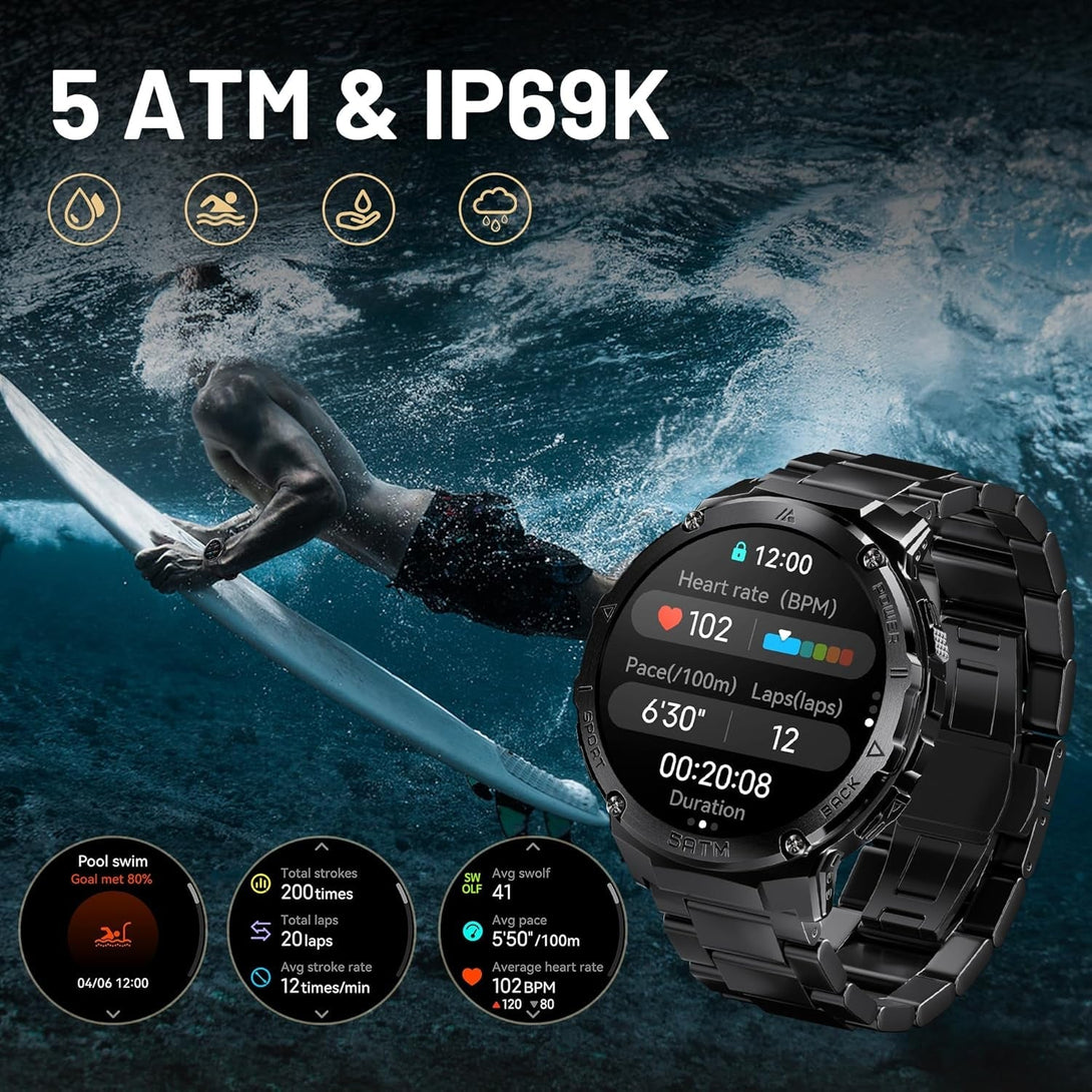 Smart Watches for Men GPS, Pressure,Altitude,Compass, 480Mah Extra-Large Battery, 50M Waterproof, Full Metal Body Rugged Smartwatch, Answer/Make Call,1.43" AMOLED Display(2 Bands)