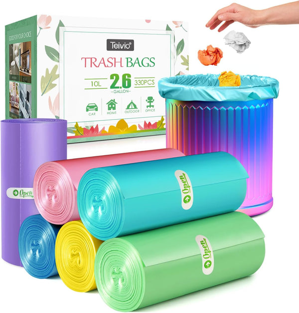 2.6 Gallon/330Pcs Strong Trash Bags Colorful Clear Garbage Bags by Teivio, Bathroom Trash Can Bin Liners, Small Plastic Bags for Home Office Kitchen,Fit 10 Liter, 2,2.5,3 Gal, Multicolor