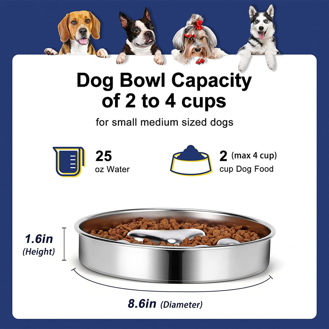 Slow Feeder Dog Bowls 304 Stainless Steel, 2 Cups Metal Food Bowls, Water Bowl for Small & Medium Sized Dogs, Fun Bloat Stop Pet Fast Eaters