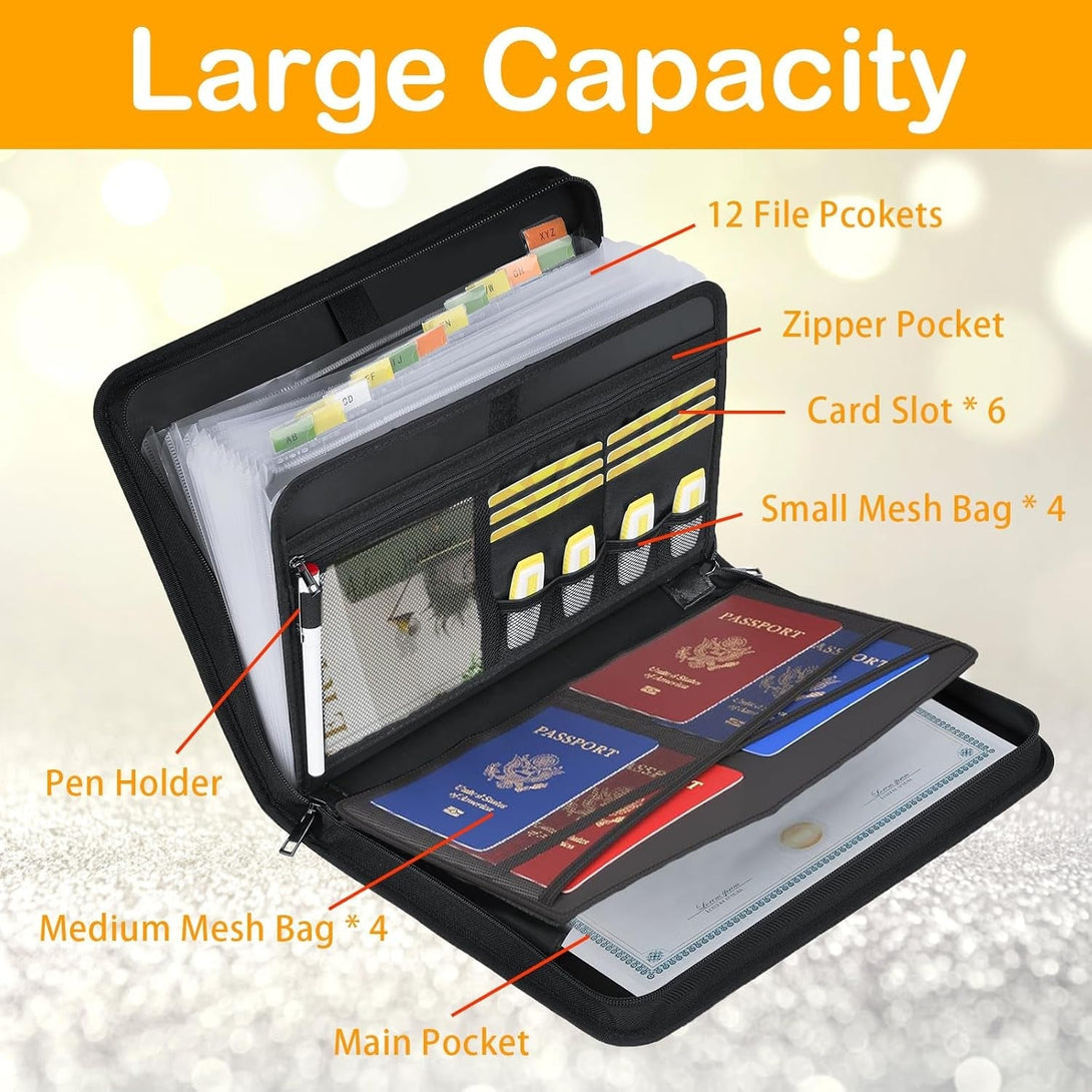 Accordion File Organizer, 12 Pocket Expanding File Folder with Multi Pockets Fireproof Folder with Zipper & Labels Portable Business Fire Safe Storage for Letter A4 Files and More