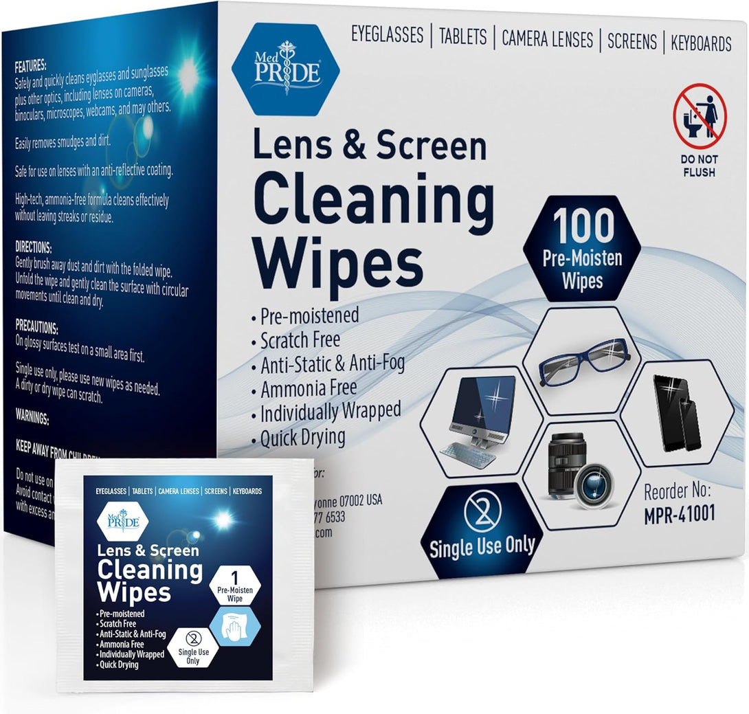 MED PRIDE Premoistened Lens Wipes | Anti-Static, Anti-Fog, Quick-Dry & Scratch-Free| 100 Cleaning Cloths for LED Touch Screen, Iphones, Ipads, Computer Monitors, Eyeglasses, Camera Lenses, Laptop