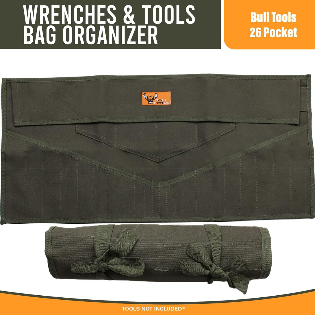 26 Pocket Wrench Tool Roll Organizer Metric & SAE Roll up Tool Pouch Bag Hand-Crafted, Heavy Weight 100% Cotton Duck Canvas - Dyed Olive Drab