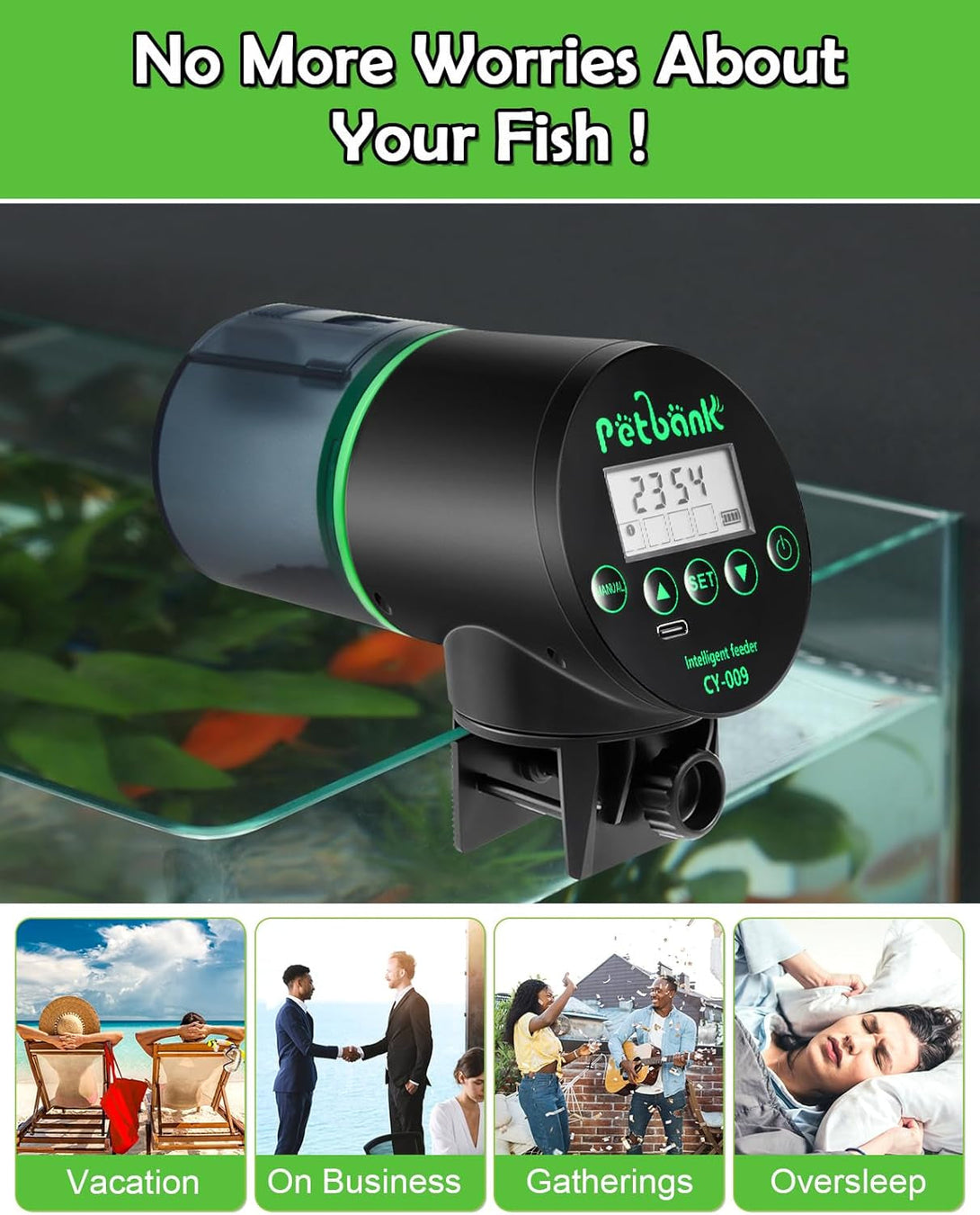 Automatic Fish Feeder for Aquarium - Rechargeable Fish Food Auto Dispenser Vacation Turtle Feeder with USB Charger Cable，Lcd Screen, Customized Schedule，Black