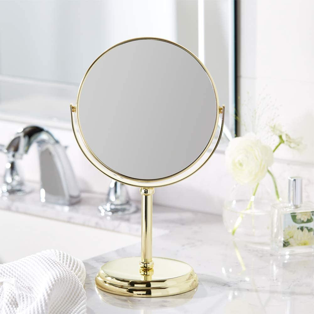 Amazon Basics Tabletop Mount Vanity round Mirror, 1X/5X Magnification, Iron, 7.2"L X 4.92"W, Gold