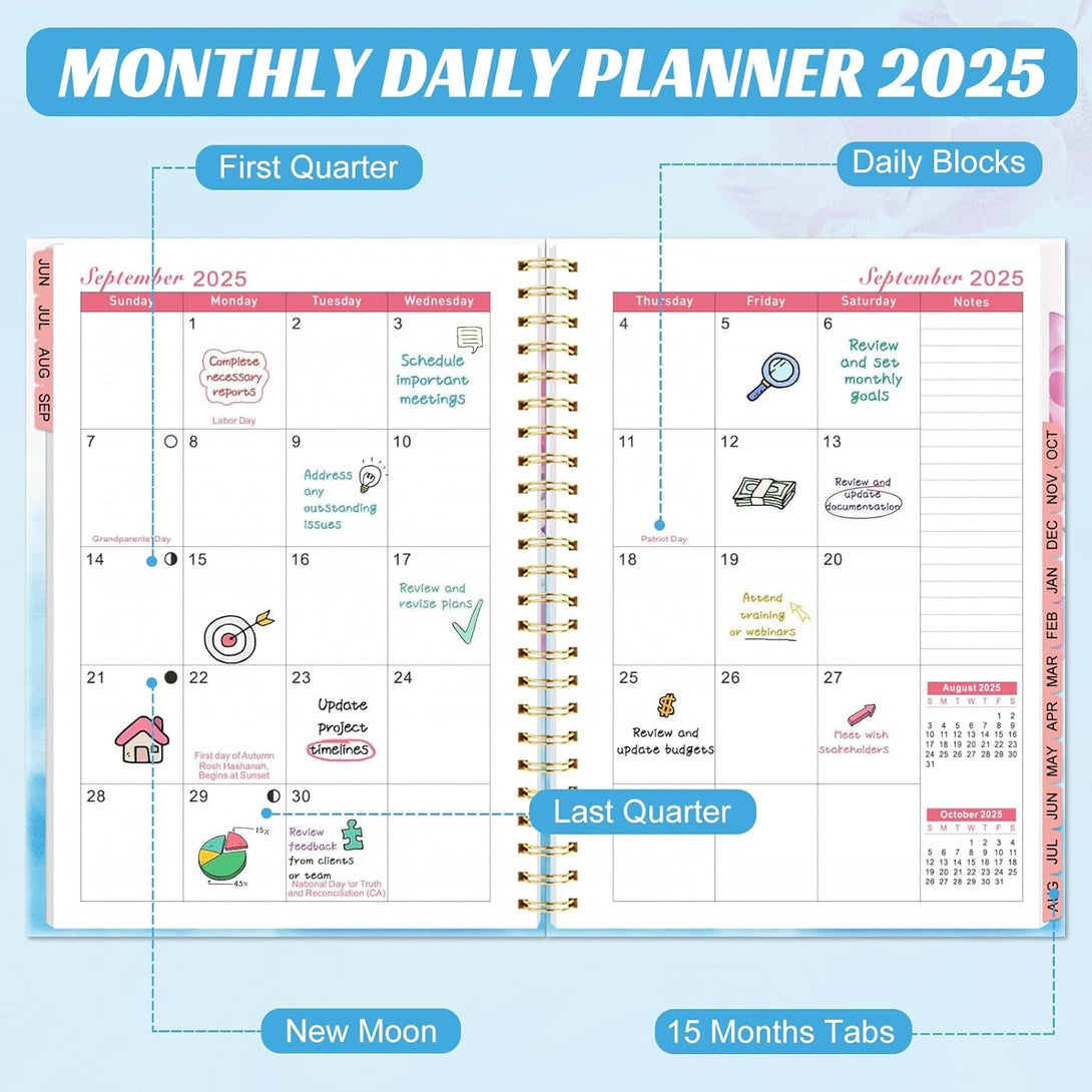 2025 Planner, Monthly Weekly & Daily Planner June 2025-Aug 2026, 15 Months Hardcover Academic Agenda Yearly Planner with Monthly Tab, Notes Pages, Back Pockets, for Women Teacher Student, 6.1" * 8.3"