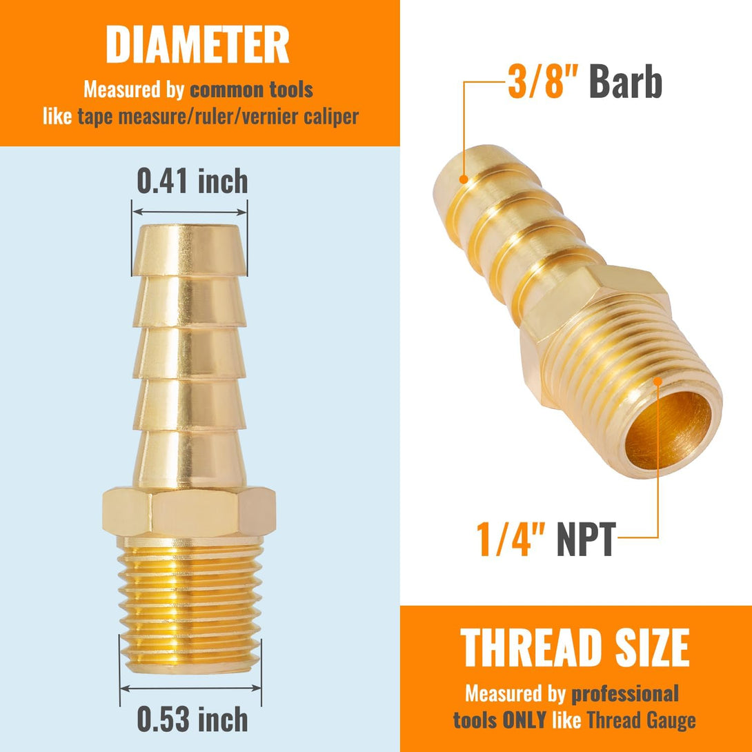 SUNGATOR 1/4" NPT to 3/8" Barb Hose Barb Fittings, Brass Air Hose Barb Fittings, 3/8" Barb to 1/4" NPT Male Thread Hose Barb Adapter Connector, Barbed Air Hose Repair Fitting Kit for Gas/Air (12 Pack)