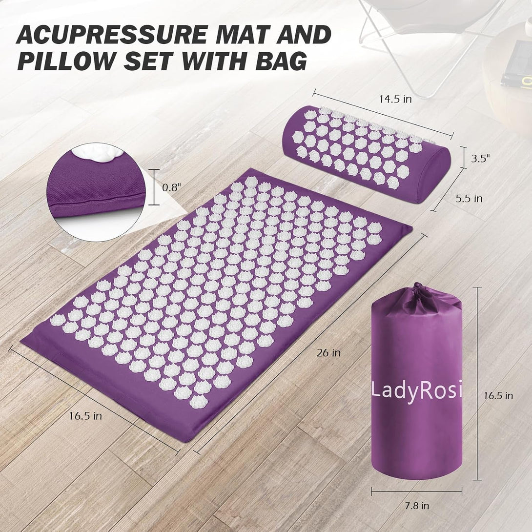 Acupressure Mat and Pillow Set with Oxford Bag, for Neck Back Pain, Muscle Relaxation Stress Relief, Relieve Sciatica and Pain Relief Set (Purple)