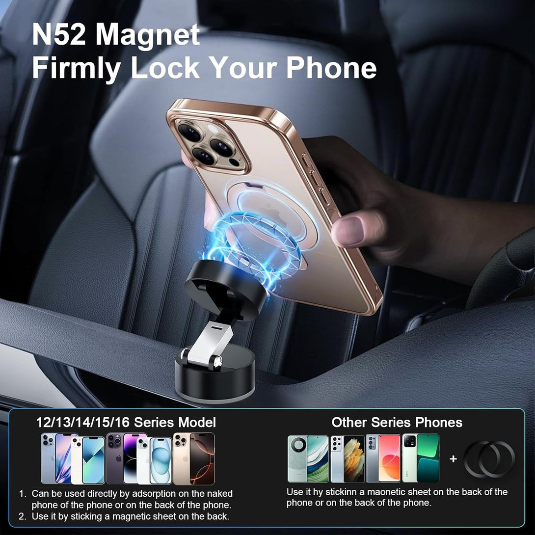 Amoner Vacuum Magnetic Suction Phone Holder, 2025 Upgrade 360° Retractable Suction Cup Phone Mount, Foldable Magnetic Vacuum Phone Holder, Folding Swivel Stand, for Car/Mirror/Gym