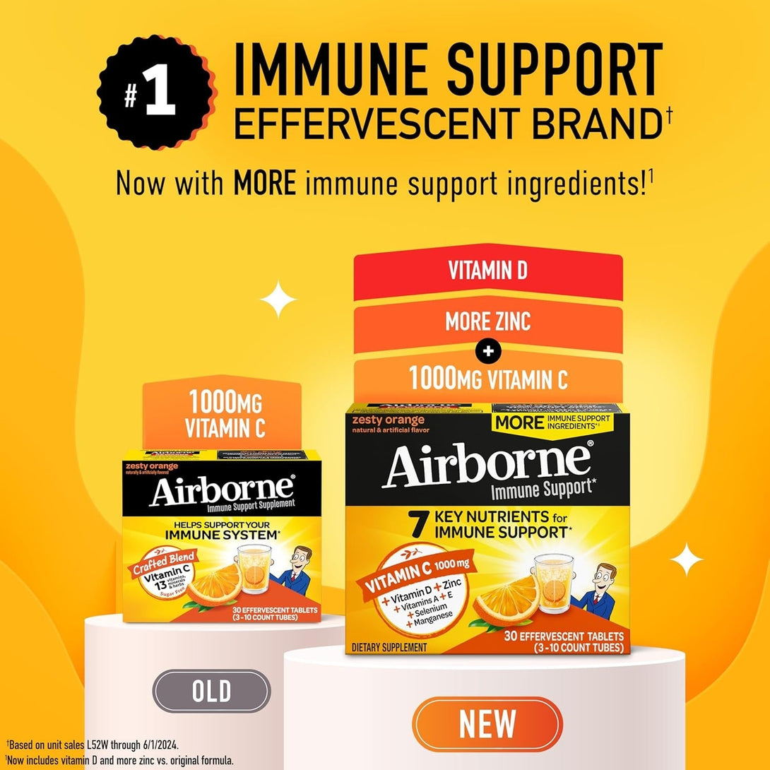 Airborne Vitamin C 1000Mg (Per Serving) - Zesty Effervescent Tablets, Gluten-Free Immune Support Supplement, Echinacea & Ginger, Orange, Citrus, 30 Count (Pack of 3)