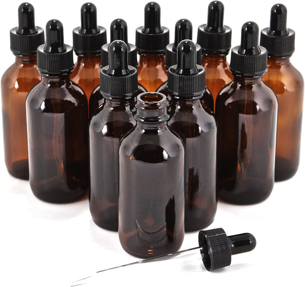 12, Amber, 2 Oz Glass Bottles, with Glass Eye Droppers