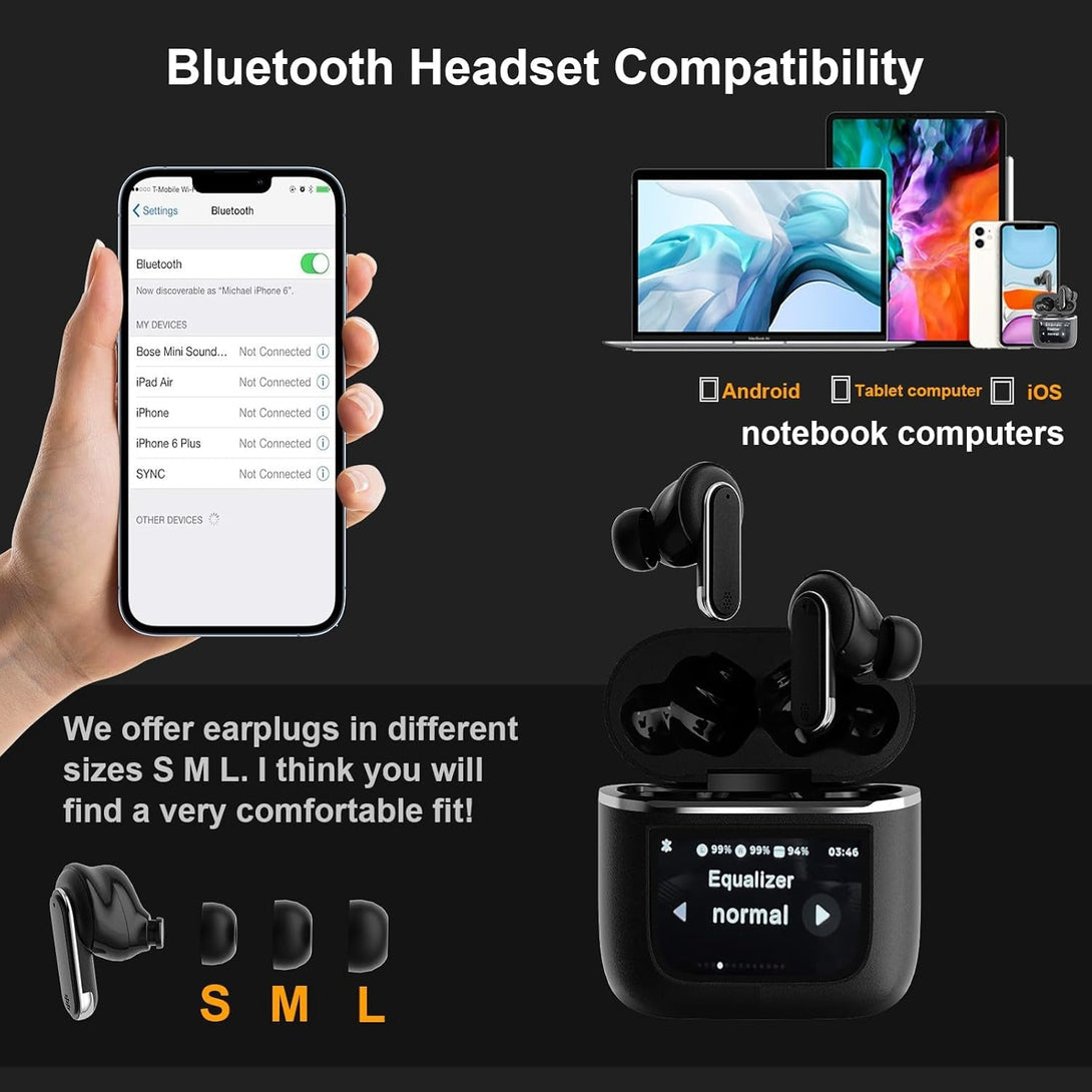 Smart Touchscreen Wireless Bluetooth 5.3 Headset, Super Smart Noise Canceling Earbuds, In-Ear Earbuds with Ear Caps, IPX56 Water Resistant, for Ios/Android, Sports, Business