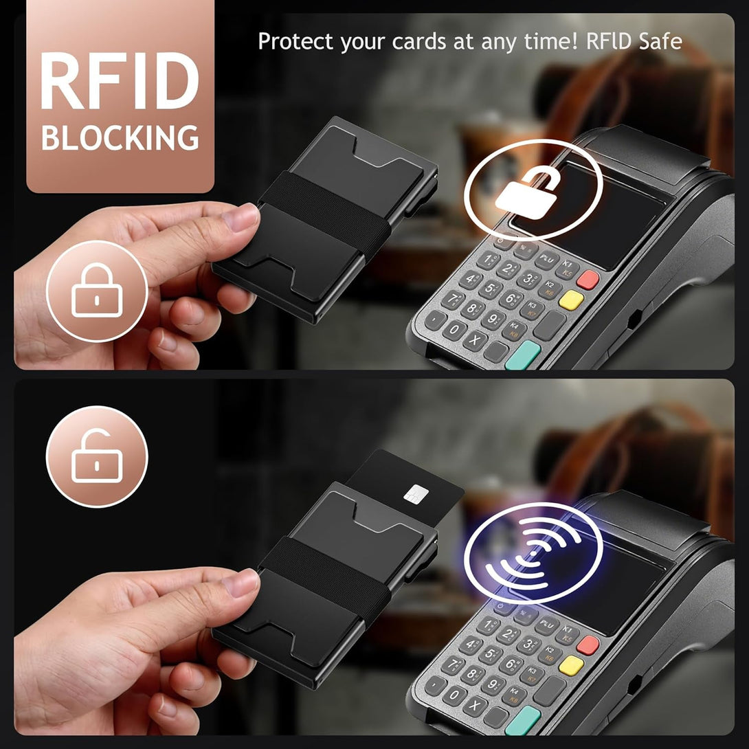 Slim Card Holder Wallet for Men, RFID Blocking Minimalist Mens Wallet, Metal Pop up Wallet with Cash Band (Black)