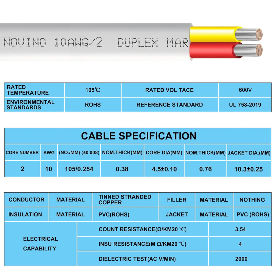 10 Gauge Marine Wire,50Ft 10/2 AWG Duplex Marine Grade Wire Tinned Copper Heavy Duty Sheathed Wire for Marine/Boat/Automotive/Rv/Camper/Trailer