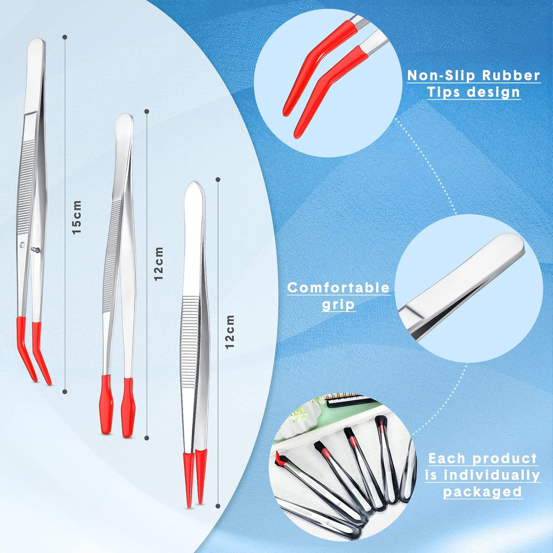 Mixweer 6 Pcs Rubber Tipped Tweezer Set Long Jewelry Tweezer for Jewelry Making Soft PVC Rubber Coated Tip Bent and Straight Flat Tip Tweezer Precision Tweezer for Craft Bead Jewelry Stamps Industrial