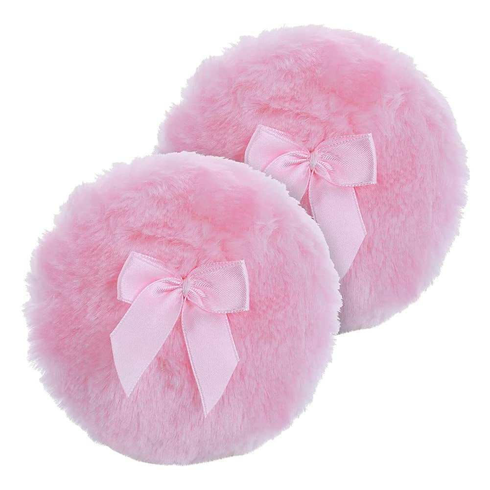 AKOAK 2 Pieces Large Fluffy Powder Puff, 4 "Super Soft Washable Reusable Fluffy Velvet Face Beauty Sponge, Ladies Only, with Bow, for Face and Body, Infants and Adults - Pink