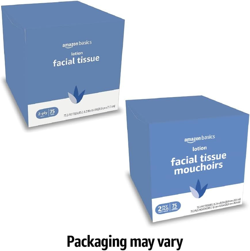 Amazon Basics Facial Tissue with Lotion, 2-Ply, 300 Count (4 Packs 75), (Packaging May Vary)