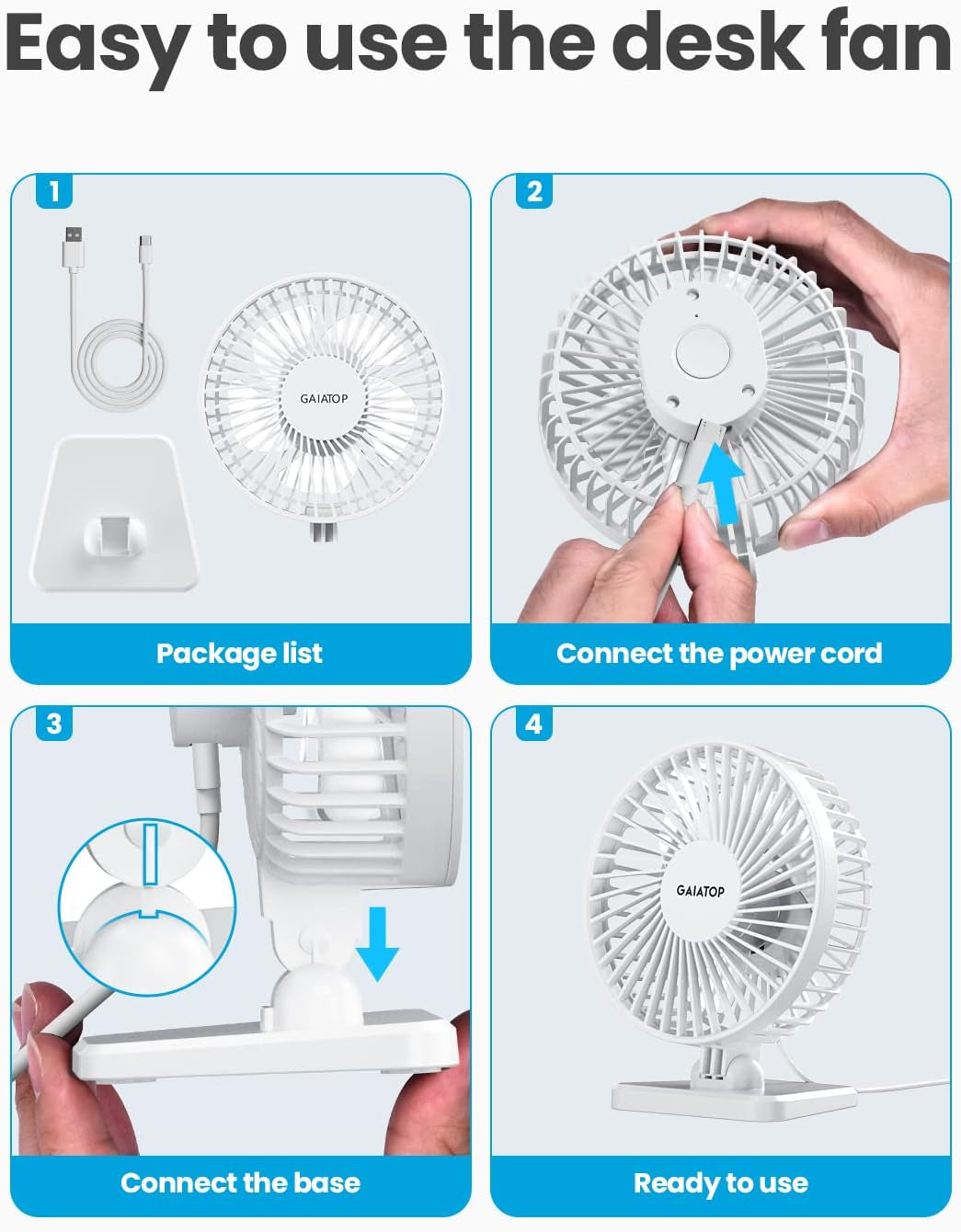 Gaiatop USB Desk Fan, Small but Powerful, Personal Portable Quiet 3 Speeds, Adjustable Mini Table Desktop Fan for Cooling Home Office Car Summer Travel Gifts White