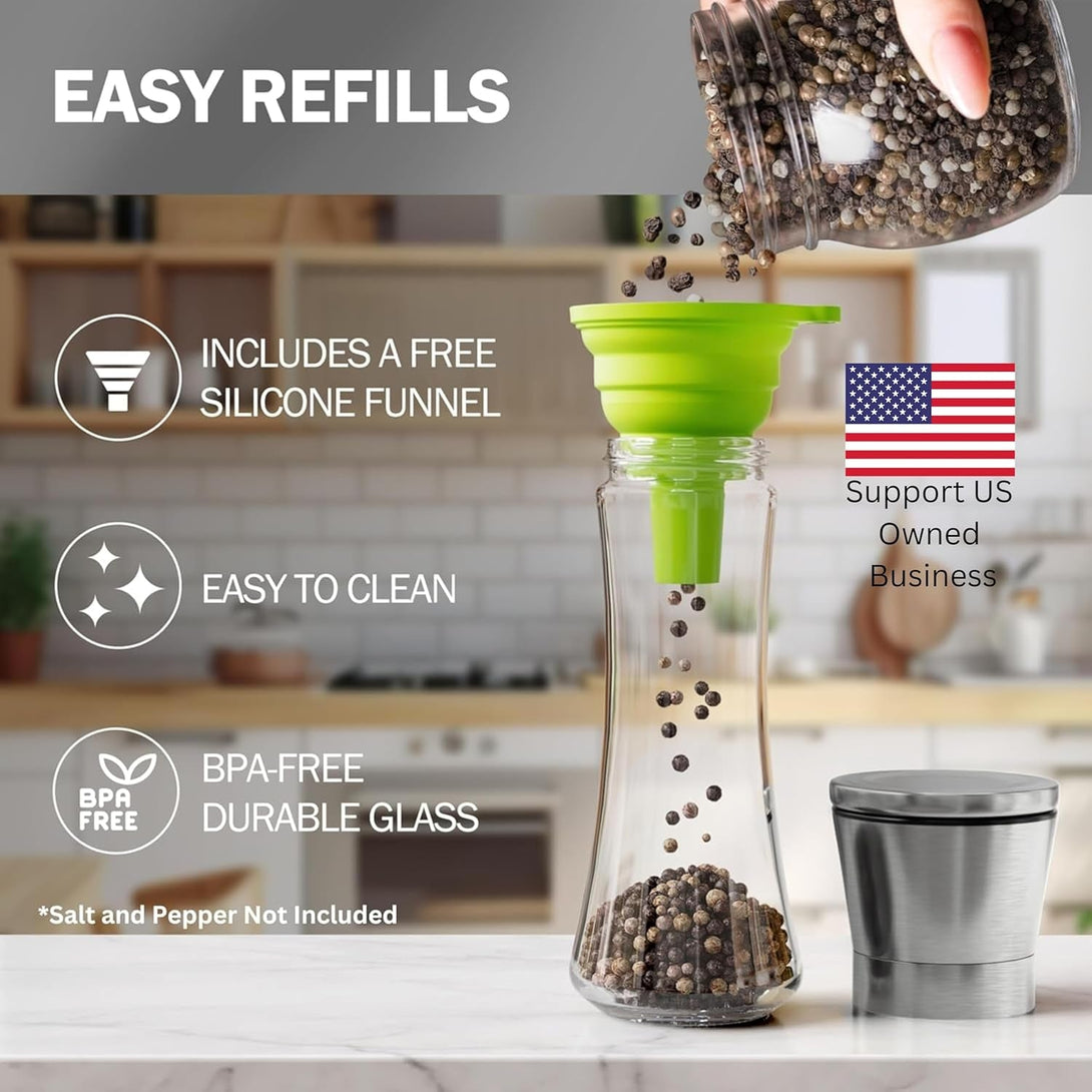 Home EC Premium Stainless Steel Sea Salt and Pepper Grinder Set of 2 - Adjustable Ceramic - Tall Glass Salt and Pepper Shakers - Kitchen Spice Mill W/Funnel & Ebook