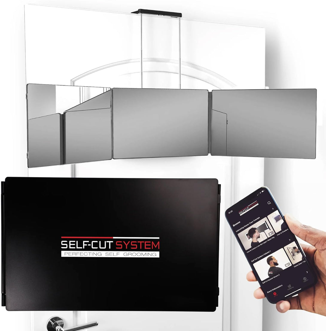 Self-Cut System Travel Version - Three Way Mirror for Self Hair Cutting with Height Adjustable Telescoping Hooks and Free Educational Mobile App