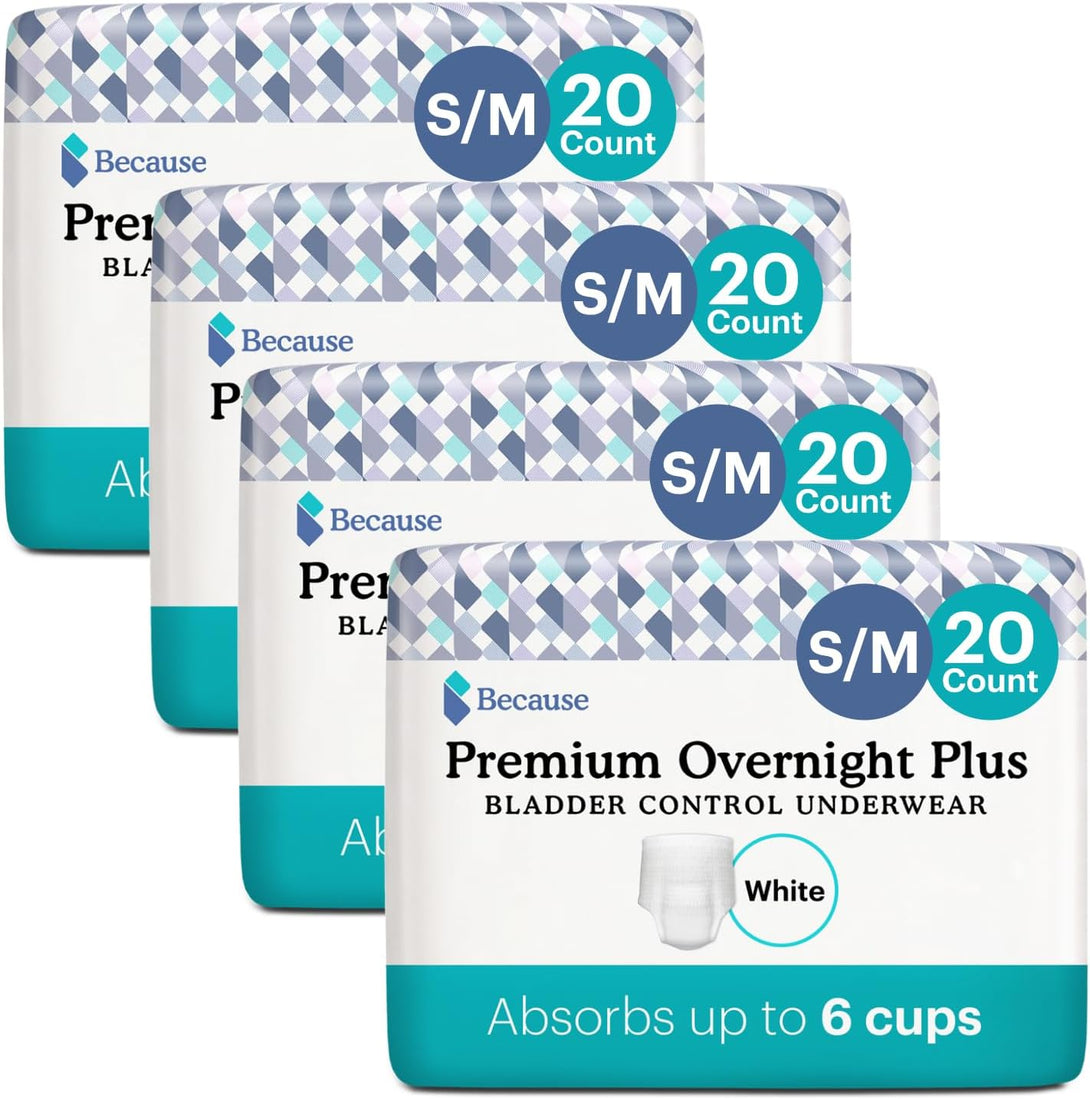 Because Overnight Absorbency Pull Ups - Adult Disposable Incontinence Underwear, Extra Absorbent Nighttime Pull Ups for Men and Women, White, Small/Medium, 80 Count (4 Packs of 20)