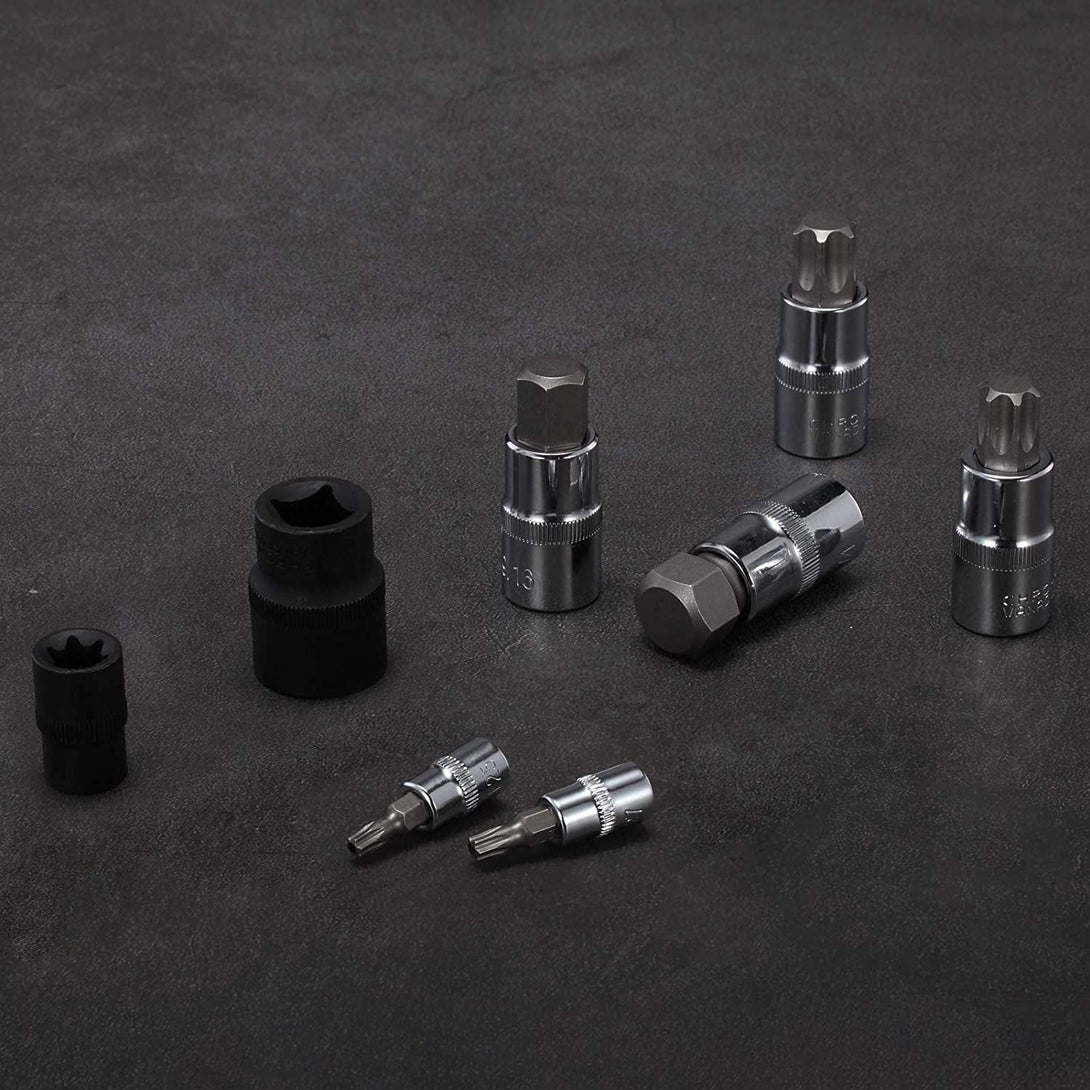 92-Piece Allen and Torx Bit Socket Set, 1/4" 3/8" and 1/2" Drive Torx/Tamper Proof Torx/Hex SAE & Metric Bit Set