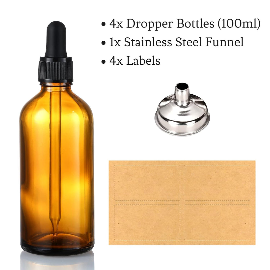 AOZITA 4 Pack, 100Ml Dark Amber Dropper Bottles with 1 Funnels & 4 Labels - 3.4Oz Brown Glass Tincture Bottles with Eye Droppers for Essential Oils, Liquids - Leakproof Travel Bottles