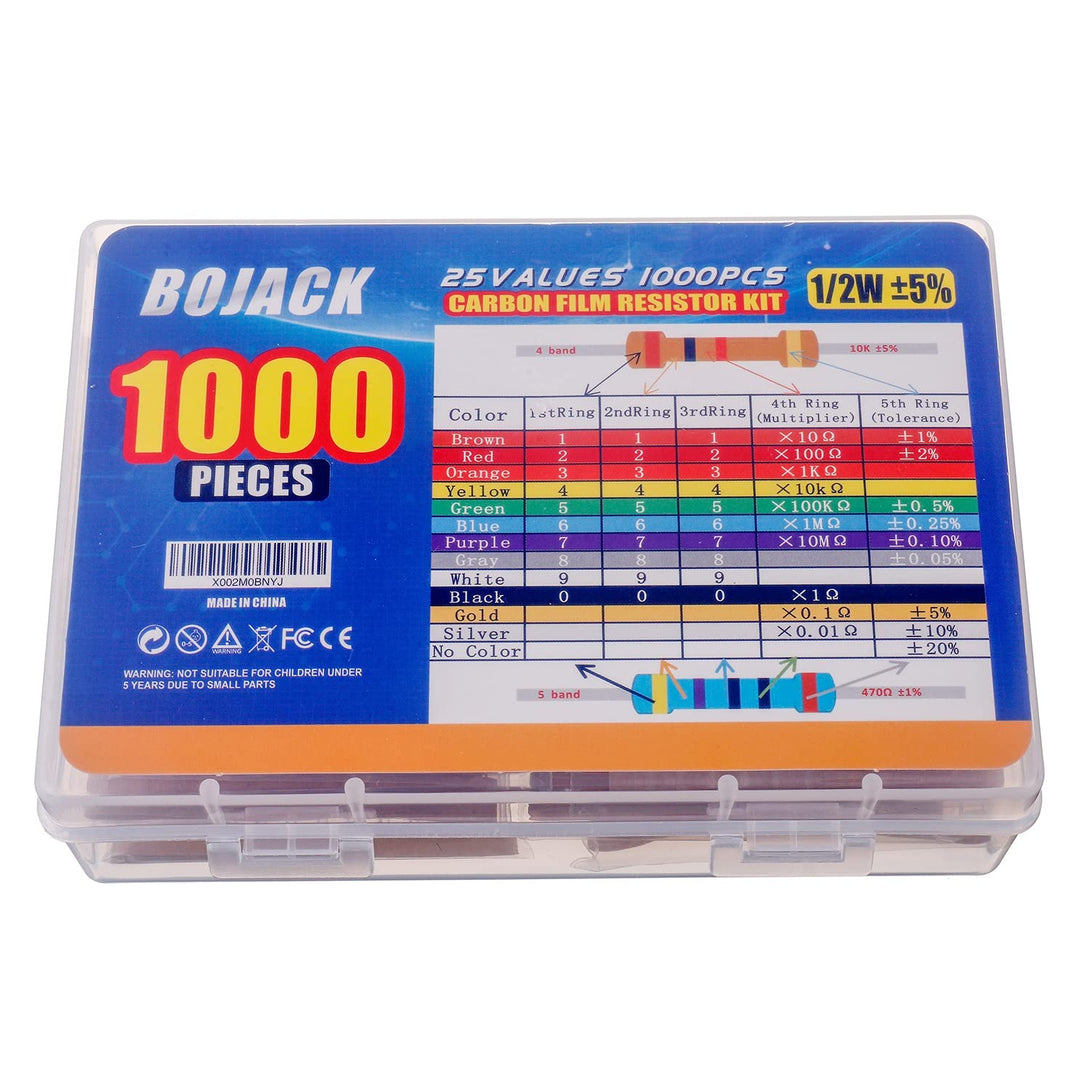 BOJACK 1000 Pcs 25 Values Resistor Kit 1 Ohm-1M Ohm with 5% 1/2W Carbon Film Resistors Assortment