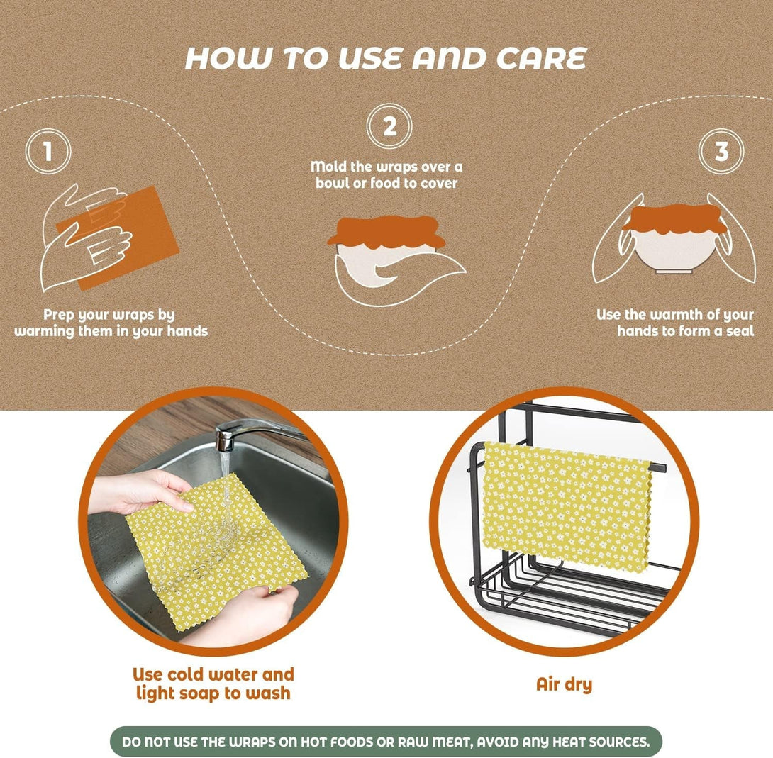 Akeeko Reusable Beeswax Food Wraps - Assorted 3 Packs, Reusable, Plastic-Free Food Storage, 1 Small, 1 Medium, 1 Large Wraps, Dusty Yellow Pattern