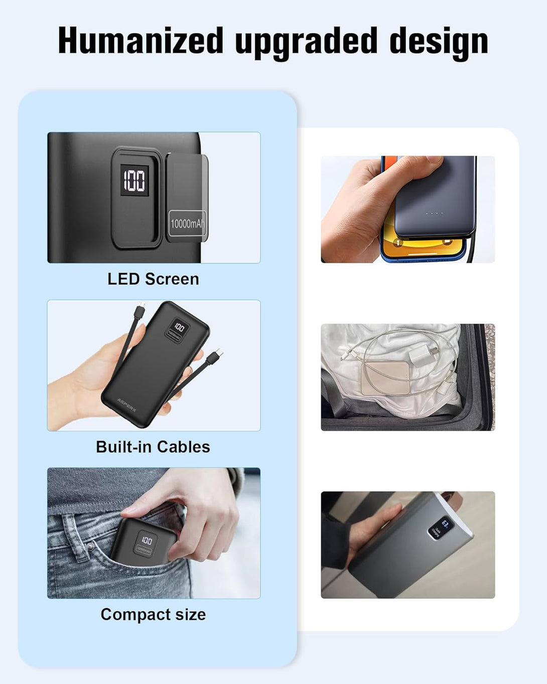 Asperx 2-Pack 10000Mah Portable Charger with Built-In Cables, USB-C Output Power Bank Fast Charging, LED Display Travel Essential Battery Pack for Iphone Android Google Pixel LG Ipad Heated Vest, Etc