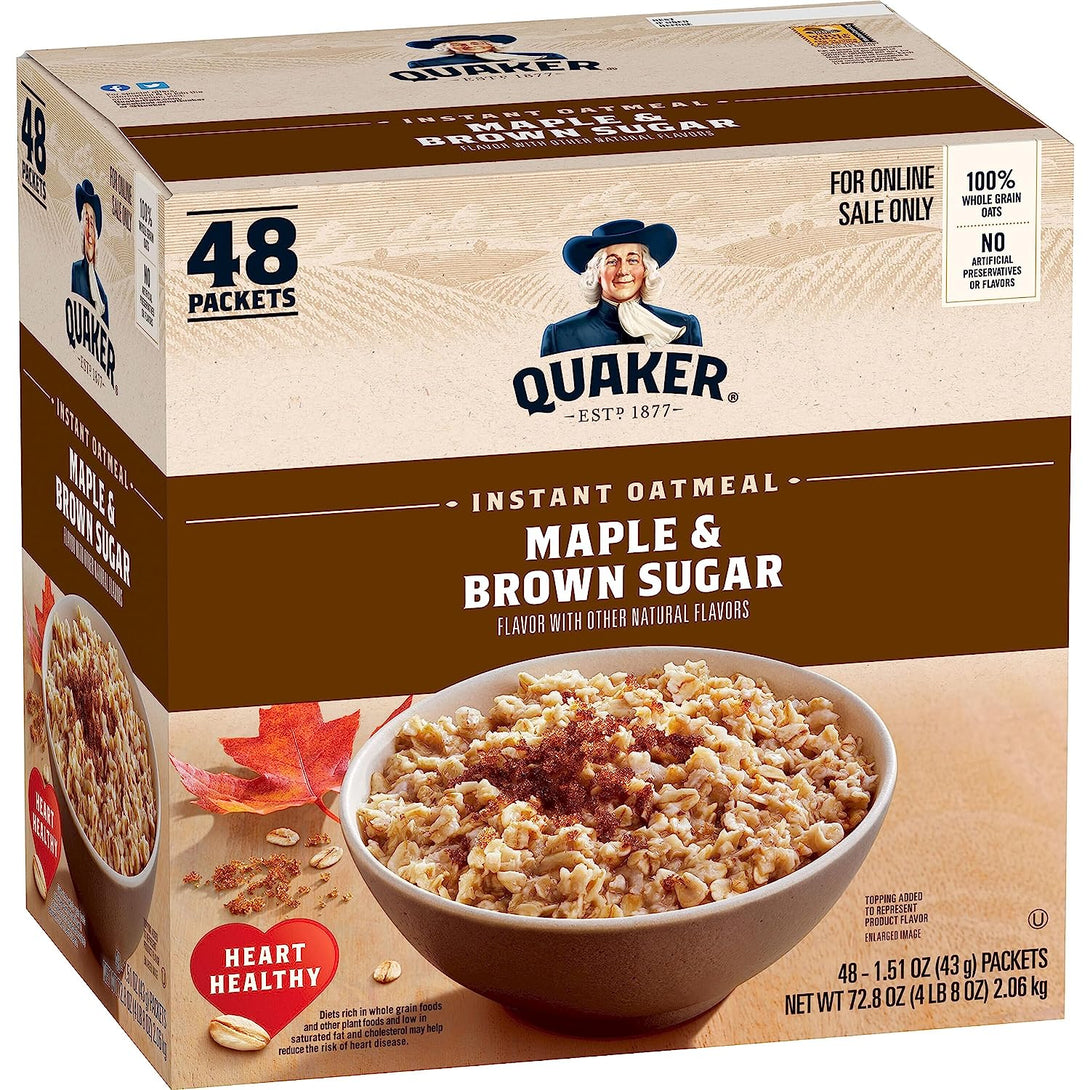 Quaker Instant Oatmeal, Maple & Brown Sugar, Individual Packets, 1.51 Ounce (Pack of 48)