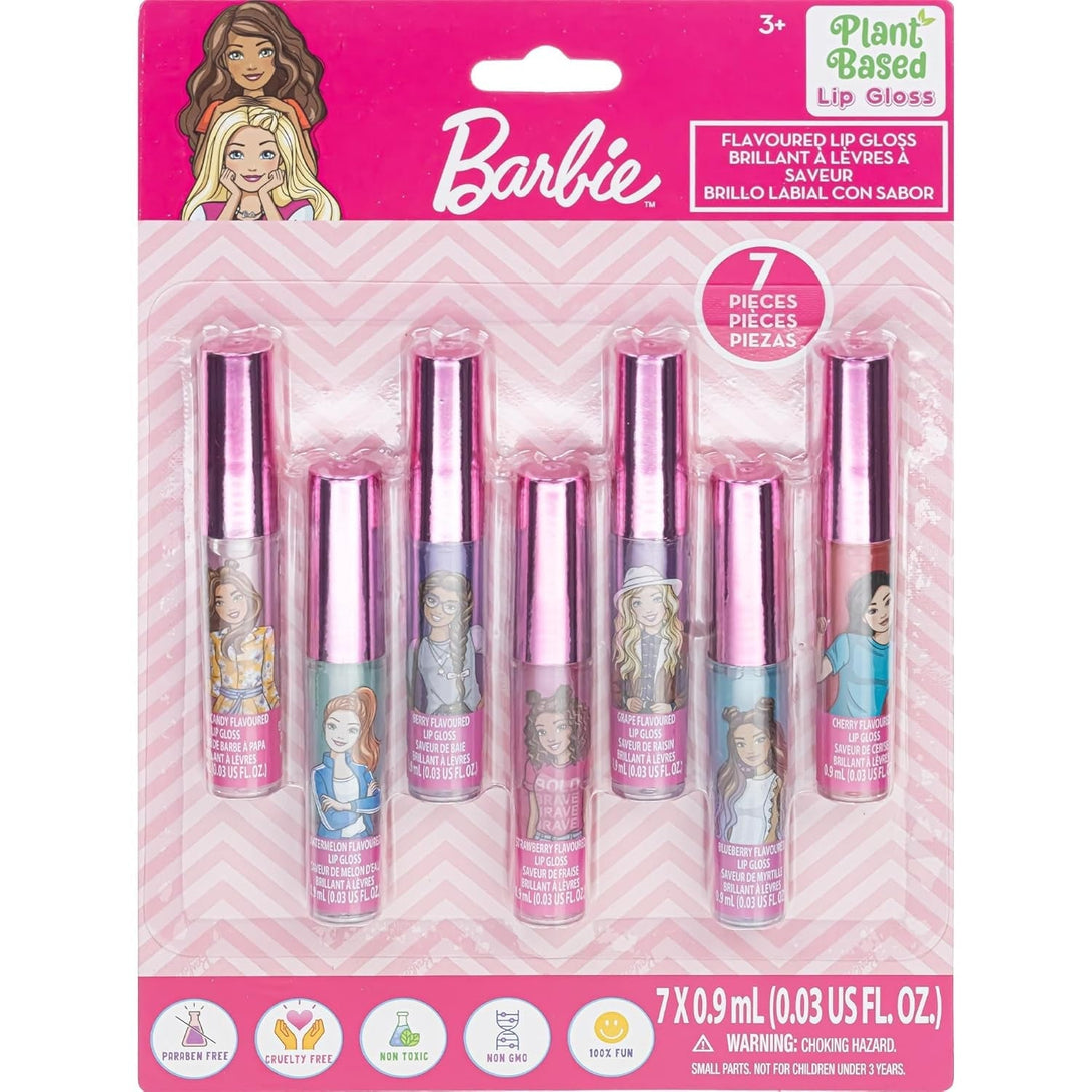 Barbie 7 Piece Plant Based Lip Gloss, Girls Party Favors, First Makeup Set for Girl, Perfect for Parties, Sleepovers, and Birthday Gifts, Ages 3+, by Townley Girl